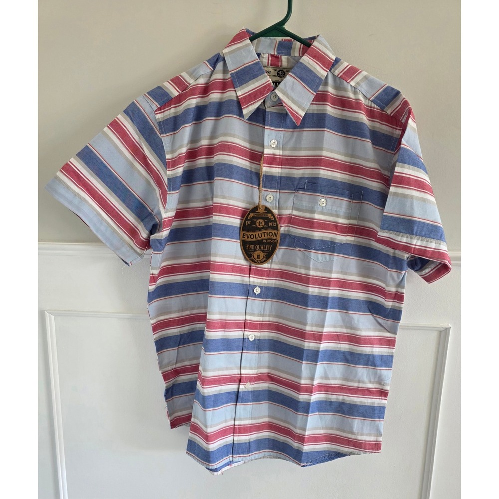 EVOLUTION Fine Quality Men's Short Sleeve Striped‎ Button Down Shirt Size L